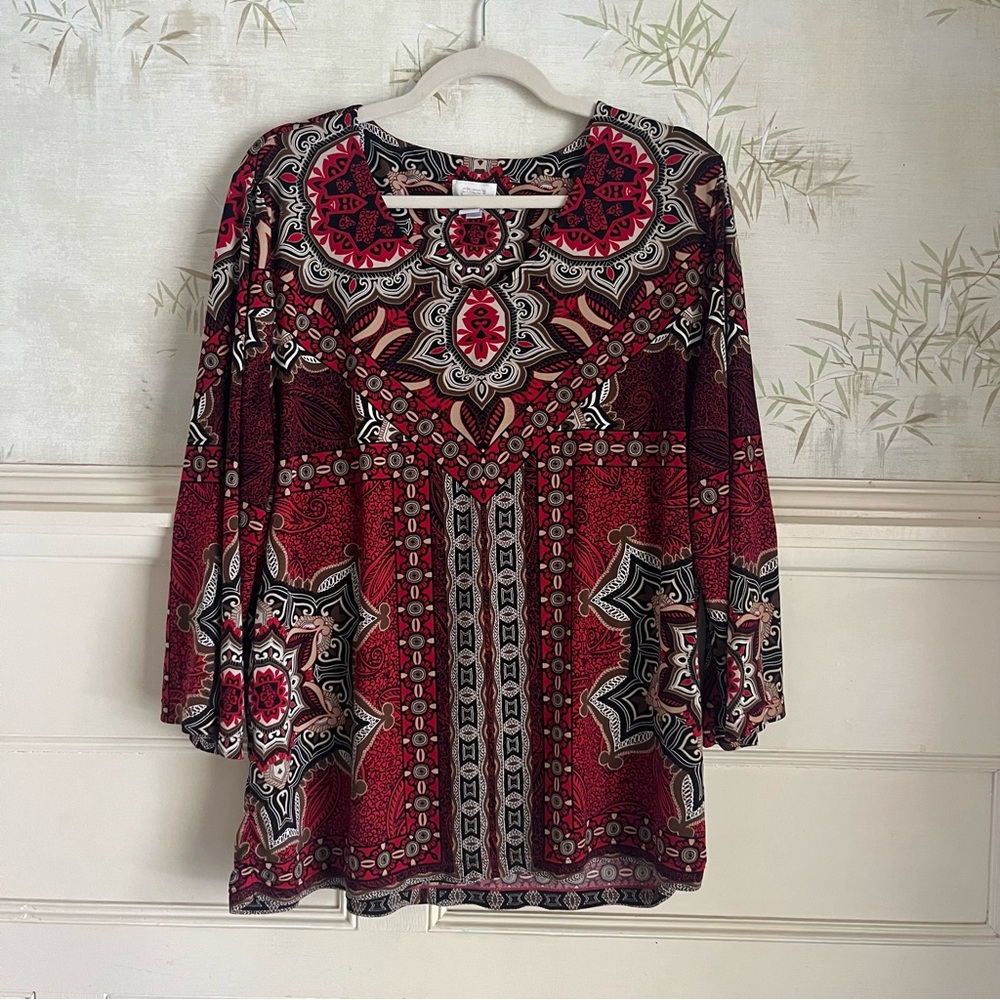 Chico's Red Patchwork Pattern 3/4 Sleeve Blouse Top Boho Stretchy - size 3 / XL